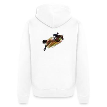 Dynamischer Springreiter auf Galoppritt - Unisex Premium Bio Zip Hoodie - Weiß - Hinten - Thijin (182cm)