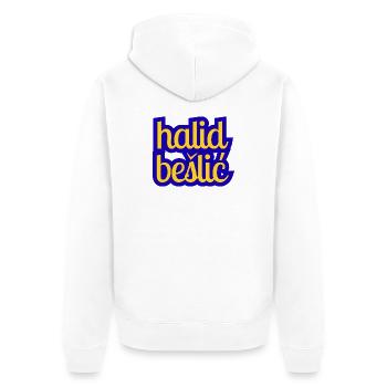 Halid Bešlić - Design in Blau gelb - Unisex Premium Bio Zip Hoodie - Weiß - Hinten - Thijin (182cm)