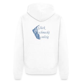 Glück schmeckt salzig – Amrum Nordsee Insel Design - Unisex Premium Bio Zip Hoodie - Weiß - Hinten - Thijin (182cm)
