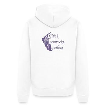 Glück schmeckt salzig – Amrum Nordsee Insel Design - Unisex Premium Bio Zip Hoodie - Weiß - Hinten - Thijin (182cm)
