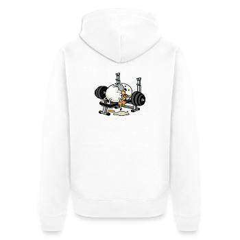 Egg Bodybuilder | Humor-Bodybuilding - Unisex Premium Bio Zip Hoodie - Weiß - Hinten - Thijin (182cm)