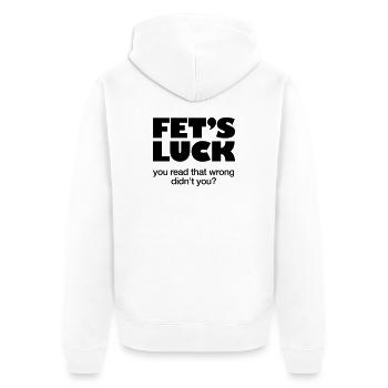 FETS GLÜCK – Ich wette, du hast das falsch gelesen – NUR SPAASS - Unisex Premium Bio Zip Hoodie - Weiß - Hinten - Thijin (182cm)