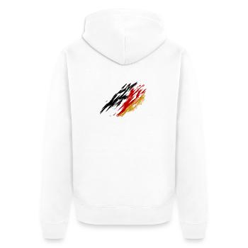 Deutschland Fan Shirt – Schwarz Rot Gold Brush  - Unisex Premium Bio Zip Hoodie - Weiß - Hinten - Thijin (182cm)