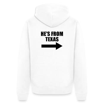 Er kommt aus Texas. Arrow Right Couples. Er kommt  - Unisex Premium Bio Zip Hoodie - Weiß - Hinten - Thijin (182cm)