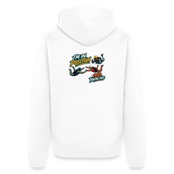 Lustige Formation beim Fallschirmspringen – ich bin in Position, kein Yo - Unisex Premium Bio Zip Hoodie - Weiß - Hinten - Thijin (182cm)