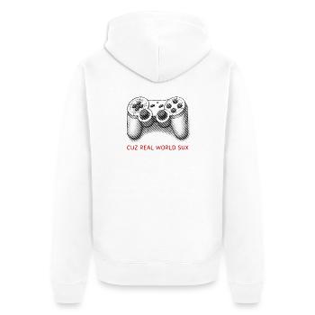 Retro Controller Gamer Spruch Real World Sux - Unisex Premium Bio Zip Hoodie - Weiß - Hinten - Thijin (182cm)