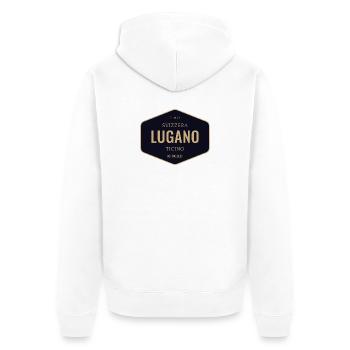 Lugano Abzeichen Gold Navy - Unisex Premium Bio Zip Hoodie - Weiß - Hinten - Thijin (182cm)
