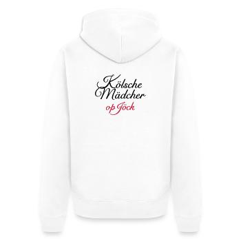 Kölsche Mädcher op Jöck Mädchen aus Köln unterwegs - Unisex Premium Bio Zip Hoodie - Weiß - Hinten - Thijin (182cm)