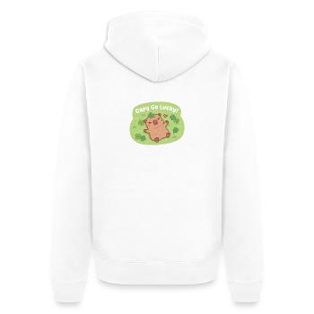Niedlicher Capy Go Lucky Capybara Vierblattklee-Patch - Unisex Premium Bio Zip Hoodie - Weiß - Hinten - Thijin (182cm)