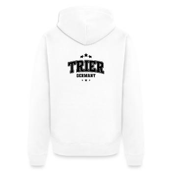 Trier Blockschrift Arch – Varsity Stil - Unisex Premium Bio Zip Hoodie - Weiß - Hinten - Thijin (182cm)