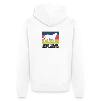 Sorry I’m Late – Gepard - Unisex Premium Bio Zip Hoodie - Weiß - Hinten - Thijin (182cm)