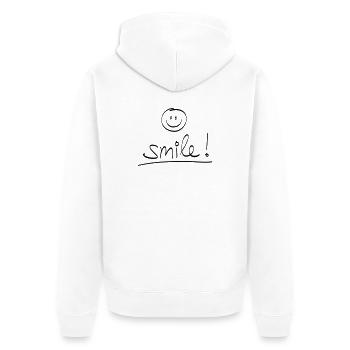 Handschrift “SMILE!” mit lachendem Gesicht - Unisex Premium Bio Zip Hoodie - Weiß - Hinten - Thijin (182cm)