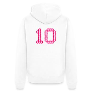 10. 10 JAHRE. 10-JÄHRIGES JUBILÄUM. 10-JÄHRIGES JUBILÄUM. - Unisex Premium Bio Zip Hoodie - Weiß - Hinten - Thijin (182cm)