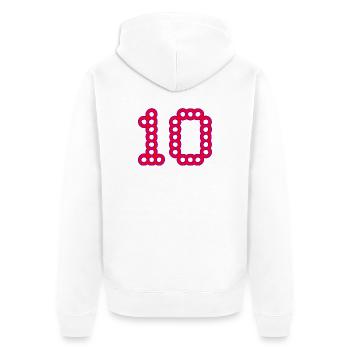 10. 10 JAHRE. 10-JÄHRIGES JUBILÄUM. 10-JÄHRIGES JUBILÄUM. - Unisex Premium Bio Zip Hoodie - Weiß - Hinten - Thijin (182cm)