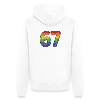 Rainbow 67 Gras, dessiné à la main six sept chiffres - Veste à capuche bio Premium Unisexe - blanc - Dos - Thijin (182cm)