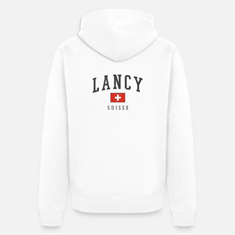 Lancy Suisse Typographie Drapeau - Veste à capuche bio Premium Unisexe - blanc