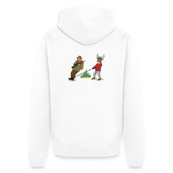 Duo de tireurs forestiers : Chasseur et Cerf - Veste à capuche bio Premium Unisexe - blanc - Dos - Thijin (182cm)