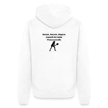 Sweat, Smash, Repeat – Squash ist mein GYM - Unisex Premium Bio Zip Hoodie - Weiß - Hinten - Thijin (182cm)