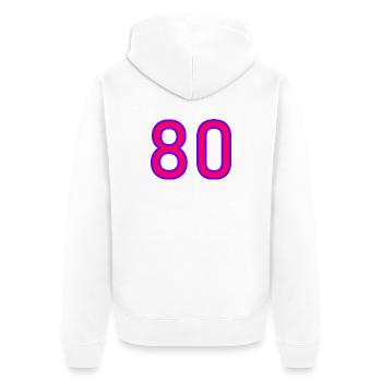 80. 80 YEARS. 80th ANNIVERSARY. 80 YEARS ANNIVERSARY. - Unisex Premium Organic Zip Hoodie - white - Back - Thijin (182cm)