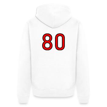 80. 80 YEARS. 80th ANNIVERSARY. 80 YEARS ANNIVERSARY. - Unisex Premium Organic Zip Hoodie - white - Back - Thijin (182cm)