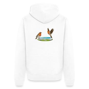 Vogeltränke mit zwei vergnügten Rotkehlchen - Unisex Premium Bio Zip Hoodie - Weiß - Hinten - Thijin (182cm)
