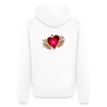 leuchtend rotes Herz mit Flügel in Holz Optik - Unisex Premium Bio Zip Hoodie - Weiß - Hinten - Thijin (182cm)