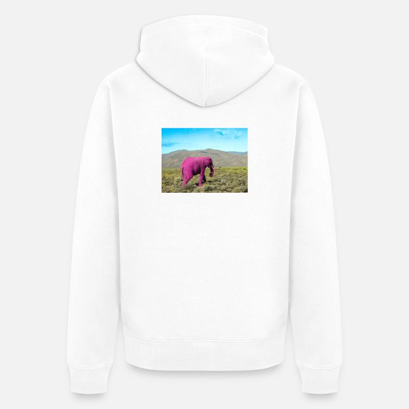 Éléphant rose dans la savane déserte - Veste à capuche bio Premium Unisexe - blanc
