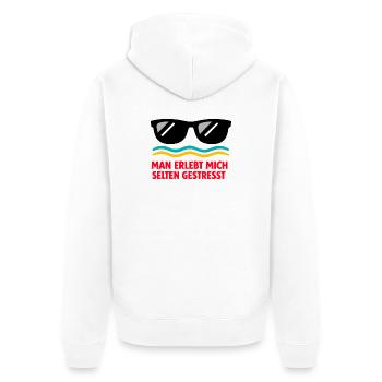 Selten gestresst: Humorvoller Stresswitz - Unisex Premium Bio Zip Hoodie - Weiß - Hinten - Thijin (182cm)