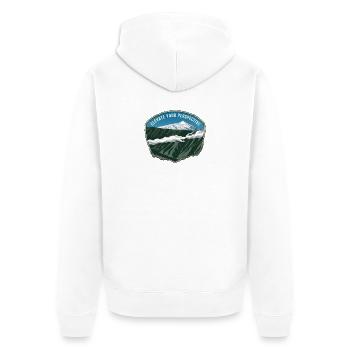Illustration de montagne sous la forme d’un emblème avec des nuages - Veste à capuche bio Premium Unisexe - blanc - Dos - Thijin (182cm)