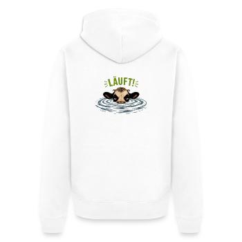 Die genervte Kuh- Motiv LÄUFT - Unisex Premium Bio Zip Hoodie - Weiß - Hinten - Thijin (182cm)