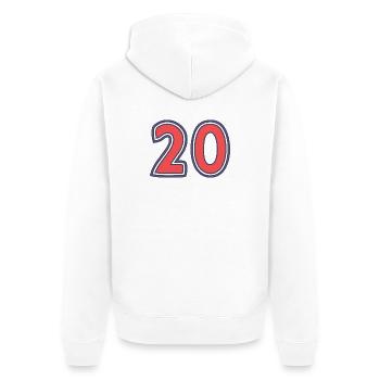 20. 20 JAHRE. 20-JÄHRIGES JUBILÄUM - Unisex Premium Bio Zip Hoodie - Weiß - Hinten - Thijin (182cm)