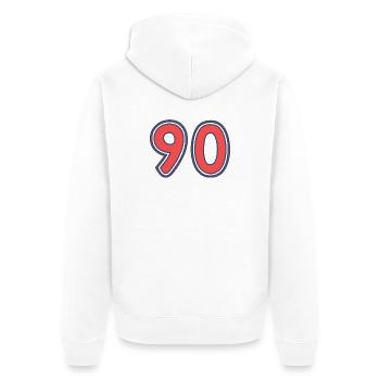 90. 90 JAHRE. 90-JÄHRIGES JUBILÄUM. 90-JÄHRIGES JUBILÄUM. - Unisex Premium Bio Zip Hoodie - Weiß - Hinten - Thijin (182cm)