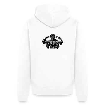 Muskulöser Zombie - "Kein Schmerz, kein Gehirn - Unisex Premium Bio Zip Hoodie - Weiß - Hinten - Thijin (182cm)