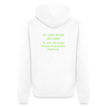 Mein Code hat nie Bugs, er entwickelt nur zufällig - Unisex Premium Bio Zip Hoodie - Weiß - Hinten - Thijin (182cm)