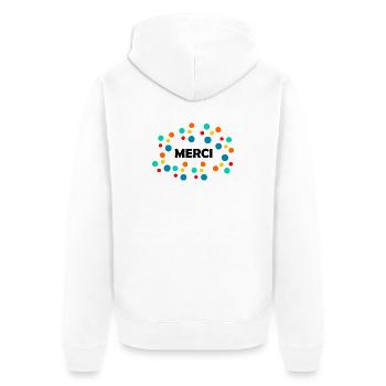 VIELEN DANK. DANKE. VIELEN DANK. JAHRESTAG. GEBURT. - Unisex Premium Bio Zip Hoodie - Weiß - Hinten - Thijin (182cm)