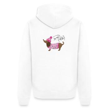 Dackel mit Pullover und Mütze Sweater Weather pink - Unisex Premium Bio Zip Hoodie - Weiß - Hinten - Thijin (182cm)