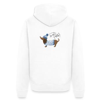 Dackel mit Pullover und Mütze Sweater Weather blau - Unisex Premium Bio Zip Hoodie - Weiß - Hinten - Thijin (182cm)
