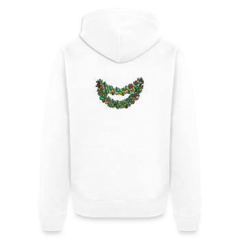 Tazz Gespräche | Fröhliches Neon-Girlanden-Lächeln - Unisex Premium Bio Zip Hoodie - Weiß - Hinten - Thijin (182cm)