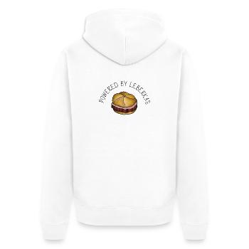 Powered by Leberkas – Leberkäse Spruch - Unisex Premium Bio Zip Hoodie - Weiß - Hinten - Thijin (182cm)