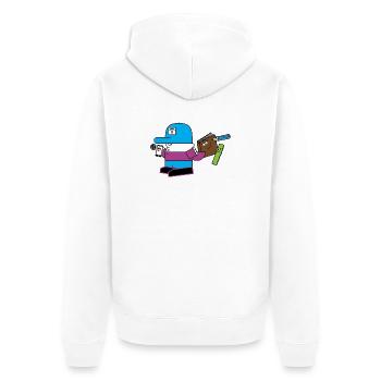 Blaues Maskottchen mit Schreibwaren-Sidekick - Unisex Premium Bio Zip Hoodie - Weiß - Hinten - Thijin (182cm)