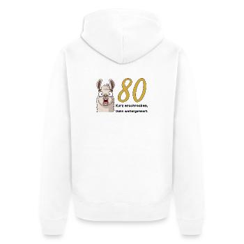 80th birthday – briefly frightened, then celebrated - Unisex Premium Organic Zip Hoodie - white - Back - Thijin (182cm)