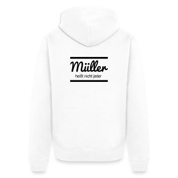 Müller Namensschild - Unisex Premium Bio Zip Hoodie - Weiß - Hinten - Thijin (182cm)