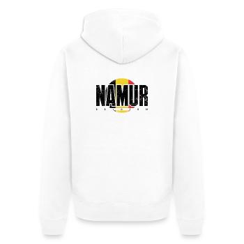 M Emblem in warmer kreisförmiger Geometrie - Unisex Premium Bio Zip Hoodie - Weiß - Hinten - Thijin (182cm)