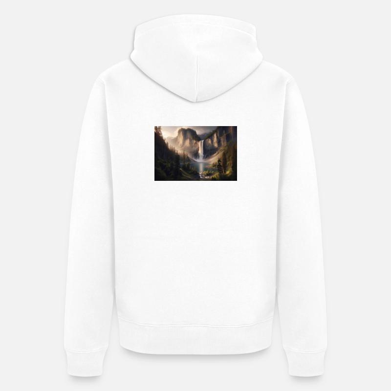 Poster Ölgemälde Berglandschaft mit Wasserfall - Unisex Premium Bio Zip Hoodie - Weiß