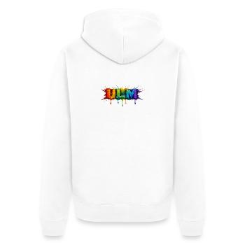 Regenbogenfarben ULM Schriftzug - Unisex Premium Bio Zip Hoodie - Weiß - Hinten - Thijin (182cm)