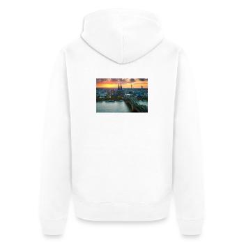 Kölner Dom im Abendlicht - Unisex Premium Bio Zip Hoodie - Weiß - Hinten - Thijin (182cm)