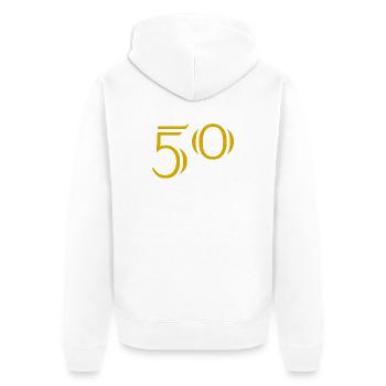 50. 50 JAHRE. 50-JÄHRIGES JUBILÄUM. 50-JÄHRIGES JUBILÄUM. - Unisex Premium Bio Zip Hoodie - Weiß - Hinten - Thijin (182cm)