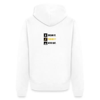 Verfolgt es: Run Think Rise - Unisex Premium Bio Zip Hoodie - Weiß - Hinten - Thijin (182cm)