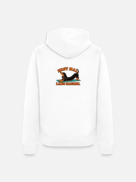 Erst Mal Lang Machen – Dackel Dehnung - Unisex Premium Bio Zip Hoodie - Weiß