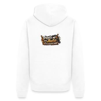 „Trogts mi ins Auto… 😂🚗“ - Unisex Premium Bio Zip Hoodie - Weiß - Hinten - Thijin (182cm)